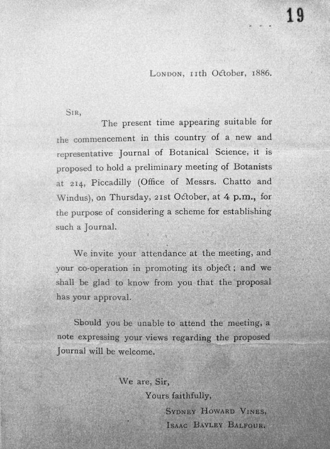 1 SUPPLEMENTARY DATA Item 1 Invitation, dated October 1886, for botanists to attend the first of five meetings in London to