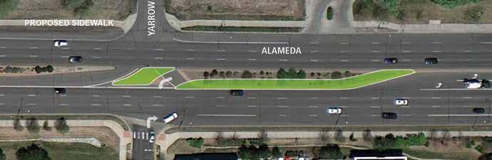 Identification markers for Lakewood City Commons are found in the median on Allison Parkway at Alameda, rather than along Alameda Avenue. Public art is installed in the median on Alameda Avenue.