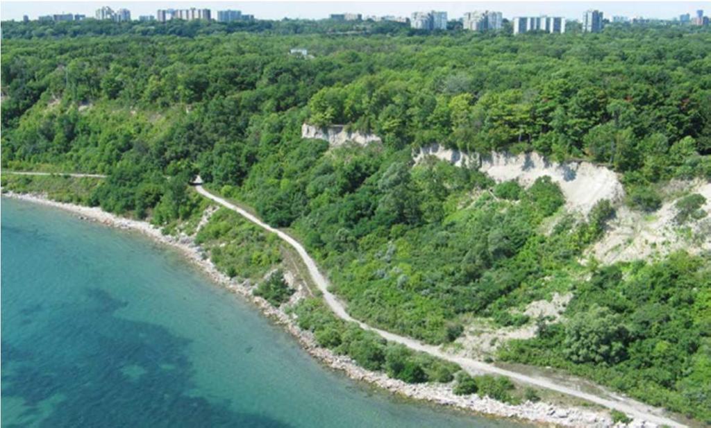 Public Access The Scarborough Bluffs begin east of Victoria Park Avenue and extend approximately 15 km in a northeasterly direction to Highland Creek.