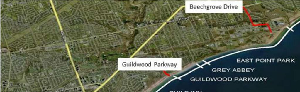 Existing access points to the shoreline are: Bluffer s Park via Brimley Road; Gates Gully/Bellamy Ravine at Ravine Drive; Guild Park and Gardens at Existing access road below Guild Inn/Guildwood