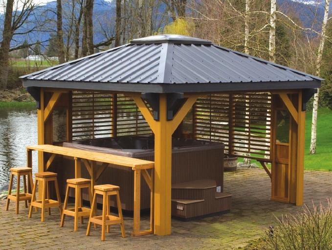 This gazebo comes with a bar and four stools creating a truly versatile outdoor building. Reach for your drinks without having to get out of the hot tub!
