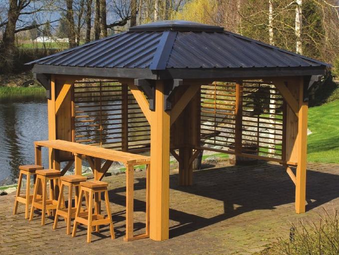 Louvered on two sides for protection from the wind, open at the front and a bar and stools, on the remaining side.