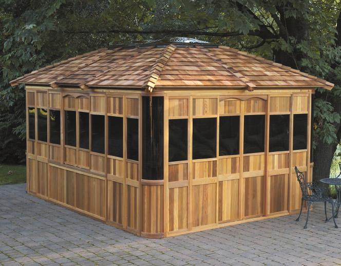 Add steps, bar kit, table or stools to any enclosure. SEE PAGE 23 FOR MORE DETAILS... WOOD ROOF SERIES The Chilliwack 10' x 14' This is the largest structure in this series.