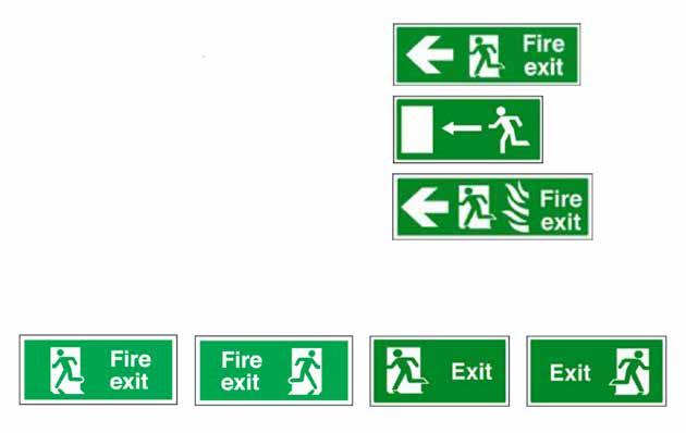 Escape route indication signs BS 5499-4:2013 Combines the running man symbol with text and arrows 92/58 EEC European Standard symbols only sign HTM65 Signs guide for NHS estates Final exit signs