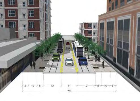 Figure 44: Grant Street Alternative B Lanes are again 12 feet wide, but this alternative indicates shared right-of-way by incorporating fixed guideway transit into existing vehicle lanes.