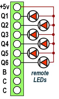 Remote LEDs LED panel indicators or signals may be connected to the MRD6X as shown on the left. Connect the positive side of all LEDs to the '+5v' terminal of the MRD6X.