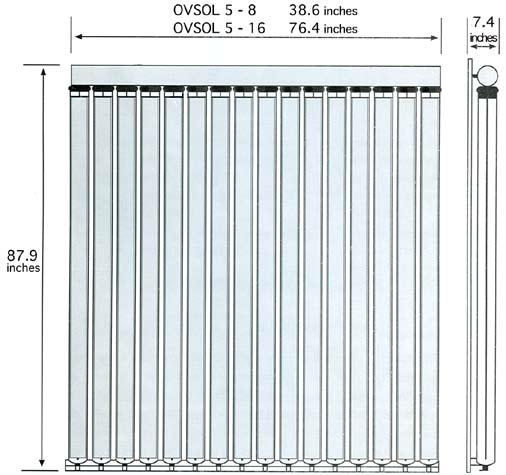 section four Collector Dimensions and Technical Data Dimensions of OVSOL 5 8 or 16 tube collectors Technical Data: OVSOL 5-8: 87.9L x 38.6W x 7.4D inches OVSOL 5-16: 87.9L x 76.4W x 7.