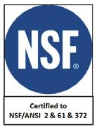 CERTIFICATIONS Sanitation (to NSF 2 & 61 & 372), CE, TUV, ETL, RoHS, WEEE WRAS approved for cold water use only in