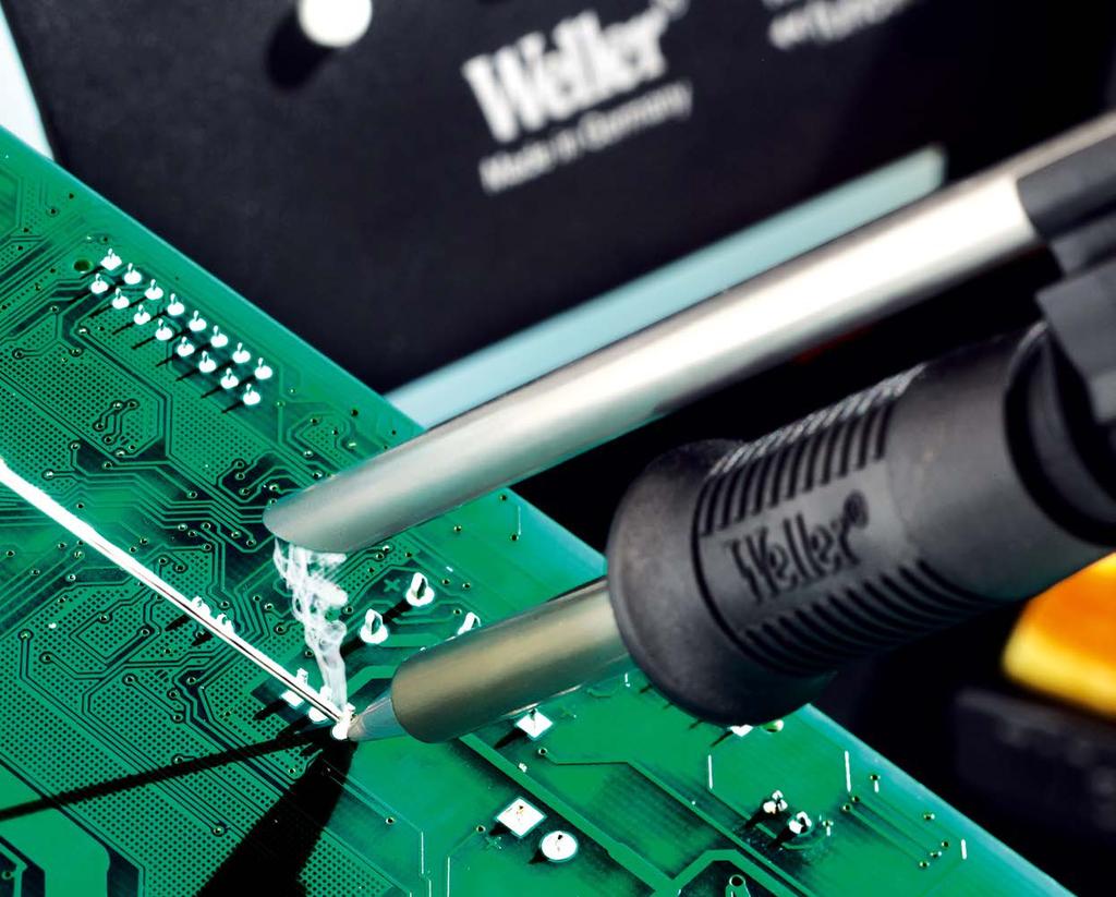 Tip Extraction Weller FE (Fume Extraction) soldering irons have a smoke tube adapted to the handle. When soldering the tube is positioned directly above the tip and collects any fumes produced.