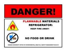 There are flammable material refrigerators available which have design features such as thresholds, selfclosing doors, magnetic door gaskets, and special inner shell materials that control or limit