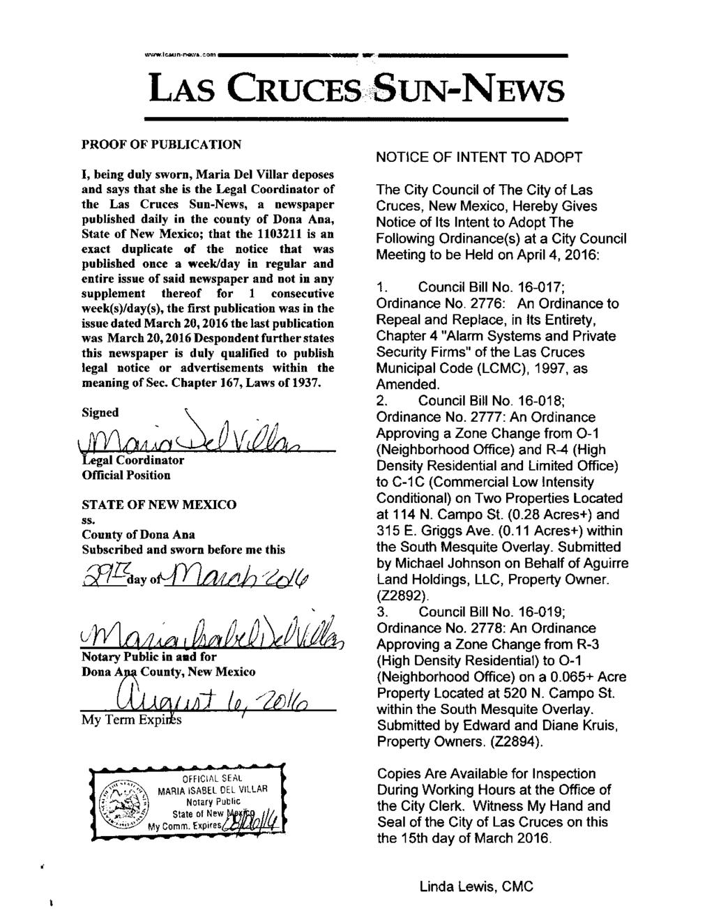 LAS CRUCES SUN-NEWS PROOF OF PUBLICATION NOTICE OF INTENT TO ADOPT I, being duly sworn, Maria Del Villar deposes and says that she is the Legal Coordinator of The City Council of The City of Las the