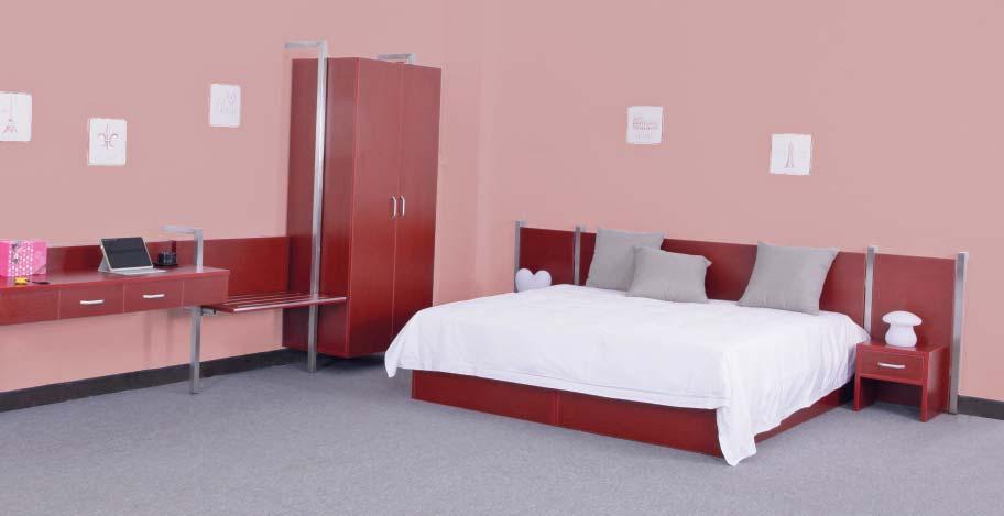 AEF S05, standard double room Style: red wood decor; 2 door wardrobe; desk with 2 drawers, panel on the wallside for electrical and data cabling; suitcase bench with aluminium