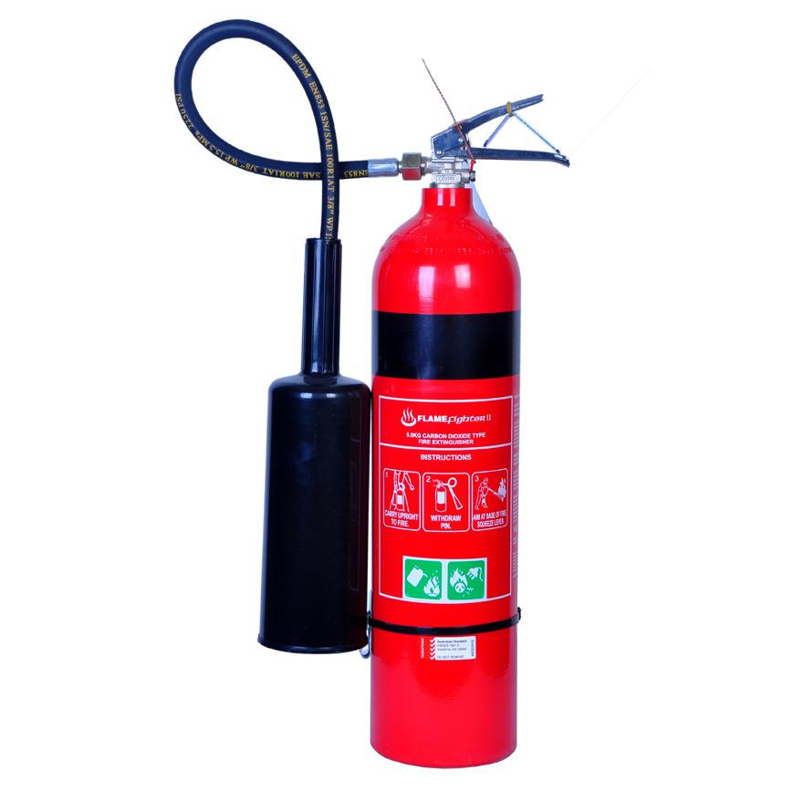 FLAMEFIGHTER CO2 FIRE EXTINGUISHERS: AS/NZS 1841:6 Mild Steel Polyester Powder Coated & Handle Trigger Light Weight Aluminium Alloy Cylinder Polyester