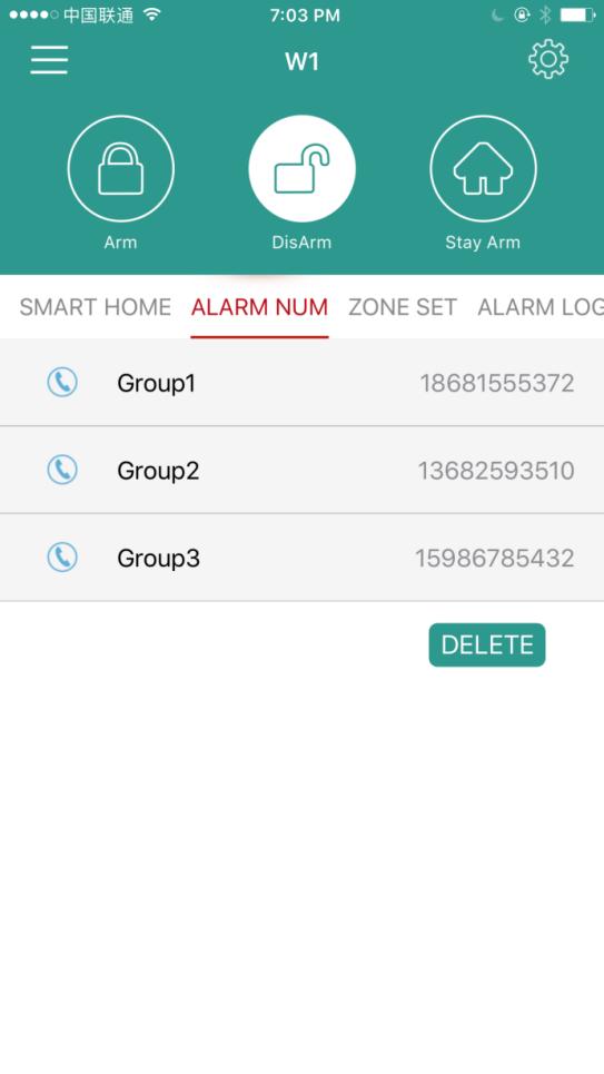 5).Alarm Number Click "Add One "to add emergency number or click Delete to delete phone numbers; 3 numbers can be added in total.