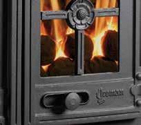 5 5.6kW 80% efficient Optional brass handles Single or double doors Removable Tudor Rose door crosses ** Optional plain air spinners Top or rear flue - 153mm (6 ) Natural gas or LPG Woodburning &