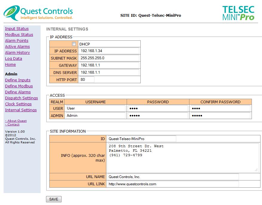 Figure 11 - Web Server Setup 6.1.1 IP Address The TELSEC MINI PRO supports DHCP to get an address assigned automatically or you can enter in a Static IP address and appropriate information.