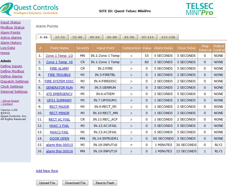 Figure 18 - Define Alarms Page 6.6.1 Adding/Modifying an Alarm Point Clicking on either the name of an existing point or the Add New Row link will bring up the Change point page.