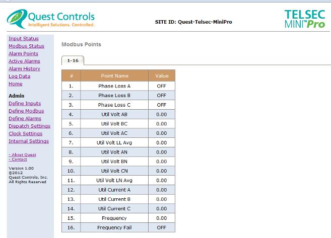 7.2 Modbus Point Status Clicking on the Modbus Status link on the navigation pane will display the programmed points and their current status (see below).