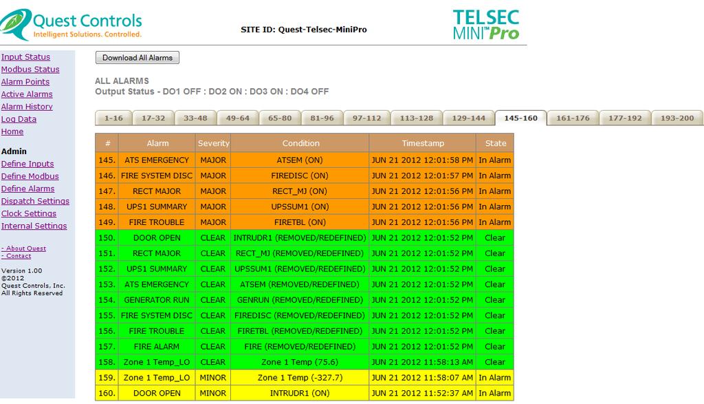 Figure 24 - Alarm History Log 7.6 Log Data The TELSEC MINI PRO logs each input and Modbus point based upon the user defined interval.