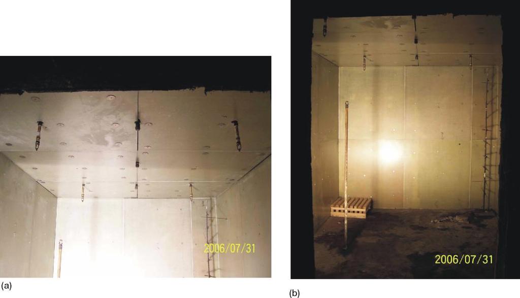 356 THERMAL SCIENCE, Year 2011, Vol. 15, No. 2, pp. 353-366 Figure 2. Inside of ISO 9705 room with panels installed and four water mist nozzles on the ceiling before test.