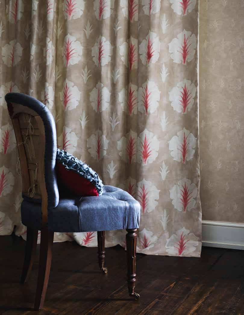 Curtain Cinquefoils Stone 320469 Wallpaper Sussex Sprig Sandstone 310453 Cushion zoffany Linen Slate LIN01013 with reverse in Zoffany Linen Carmine LIN01021 Painted Woodwork Chalk left Wallpaper