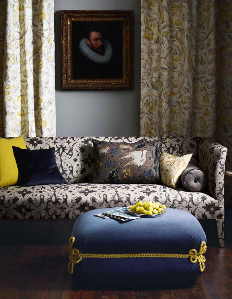 Sofa Saffron Walden Charcoal 320485 Curtains Canterbury Gesso 320474 Cushions on Sofa from left zoffany Linen Linden LIN01024, Glyndebourne Pewter GLY01029, Arden Pewter 320475, Saffron