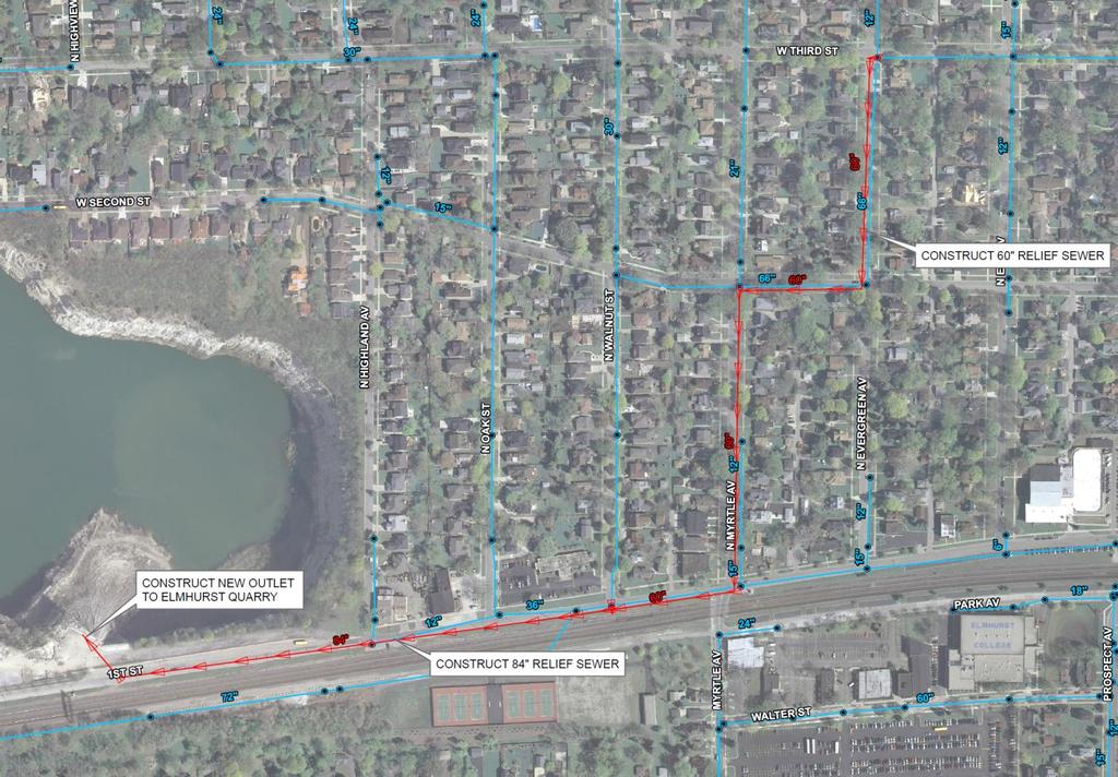 Walnut/Evergreen/Myrtle Study Area -Alternative #2 100-Year Level of Protection Construct 4,100 LF of relief sewer that extends from the intersection of Evergreen Avenue/Third Street to the Elmhurst