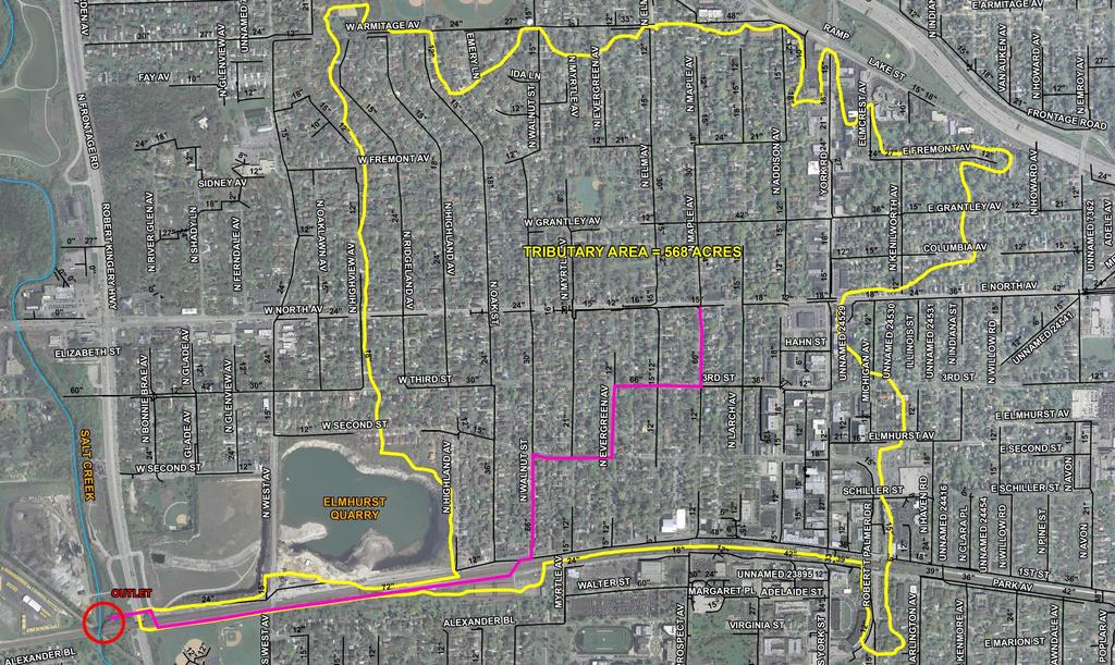 Overview of Walnut/Evergreen/Myrtle Study Area An area of 568 acres drains to Salt Creek through a 60- to 72-inch diameter storm sewer (shown in pink).