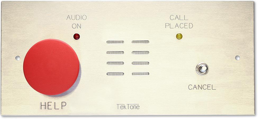 Push button calling via large red mushroom-style or low-profile button Call-placed indicator Audio-on indicator Cancel button Sensitive speaker/microphone Attractive and durable stainless steel panel