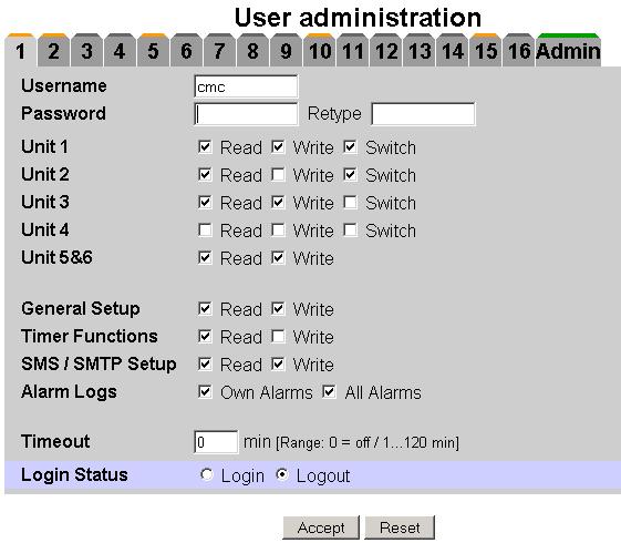 30 User administration Key 1 Page title 2 User page A maximum of 16 different users or user groups can be defined (max. 20 characters; special characters are not permitted).