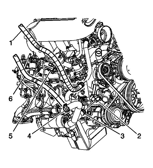 Fig. 78: Heater Inlet Hose & Engine 4. Install the surge tank outlet hose (6) to the engine (2). 5.