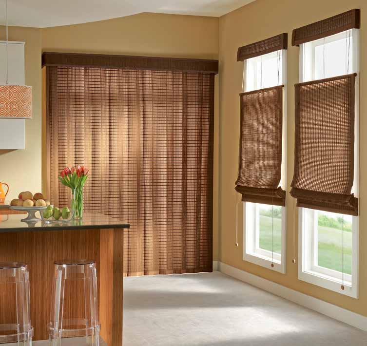 Standard Roman Style Shades with Corded Bottom Up/Top Down in Escape, Island 25602 and Privacy Liner in Tan 0093; Standard 6"Valance with 2"Edge Banding in Toffee 1002;
