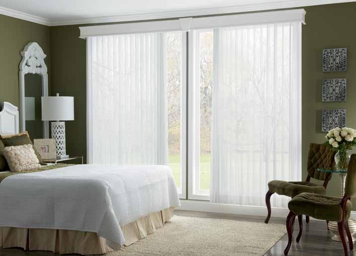 Sheer Vertical Blinds with One Touch Control, White Louvers and 4" Drapery Hem: Florence, Linen 2242; 7 1/2" Regal Cornice with Keystone: Dover White 1683.