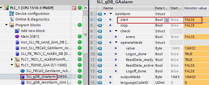 start" tag to "TRUE" in the "SLI_gDB_GAlarm" DB of the PLC_1.