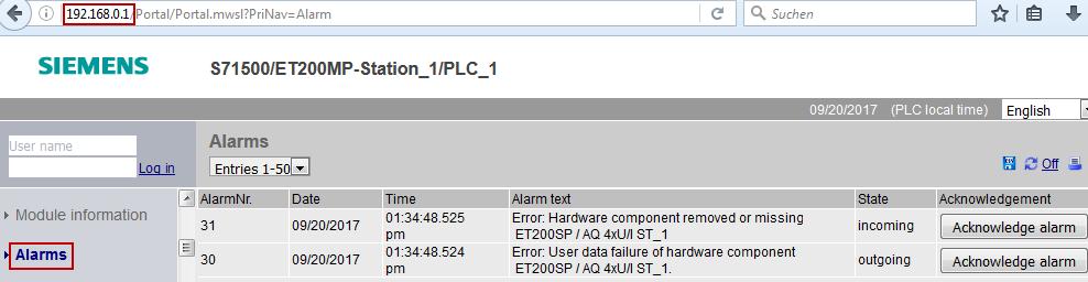 2 Reading out of the received alarms via web server In order to read out the received alarms via the web server in PLC_1, proceed as