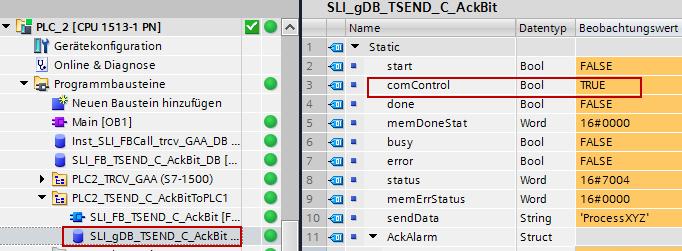 Siemens AG 2017 All rights reserved Figure 3-16 2. Acknowledge alarm: Set the "executeack" tag in the SLI_gDB_TSEND_C_AckBit DB of the PLC_2 to "TRUE.