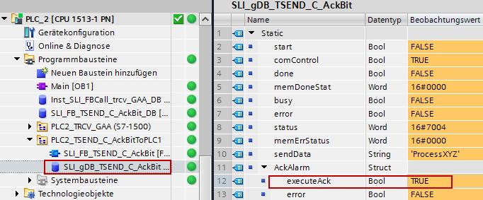 Select the PLC_1 folder in the project tree and click the Receive alarms button in the toolbar in order to see the acknowledged alarms in PLC_1.