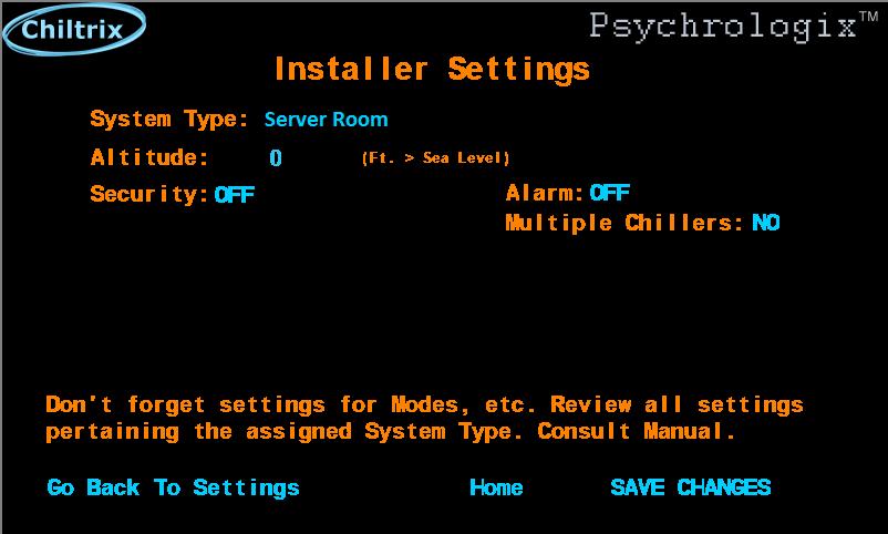 Server Room Settings Change system type to Server Room and touch