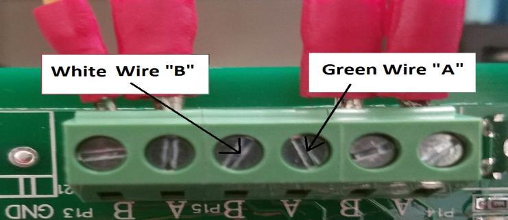 Twisted pair wire is connected to a provided ¼ jack plug, (green is A, white is B). The opposite end is connected to the cable provided in the CX-30 unit marked RS-484 Red = A, white = B.