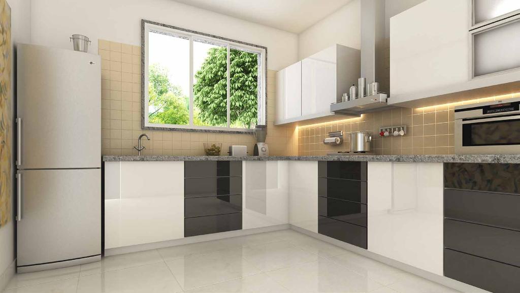 Kitchen Meticulous and modern kitchen layouts for the best comfort Sufficient power points for appliances Ceramic tiles above counter Well-laid platform with stone top Stainless steel sink, R.O.