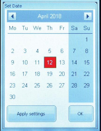 Only Managers and Administrators can change the time and date. The time and the date appear at the top right of the Main Screen and the Settings Screens.