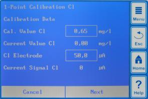 Cal. Value Cl Chlorine reference value for calibration Free chlorine content in pool water, precisely determined using the DPD method Current Value Cl Display of chlorine value currently measured Not
