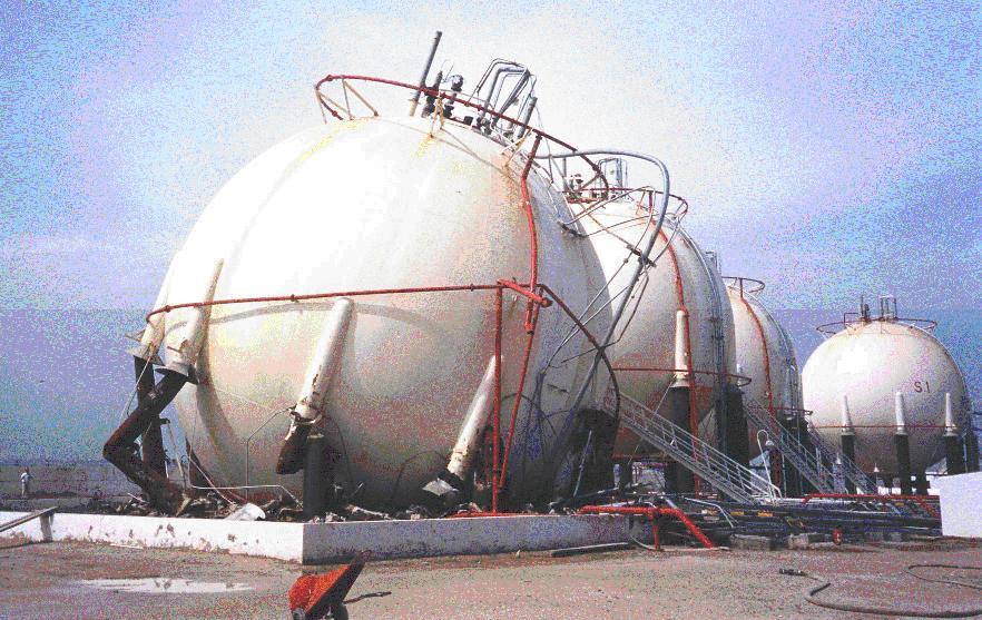 LP Gas storage sphere collapsed while being filled for a hydrostatic pressure test killing a