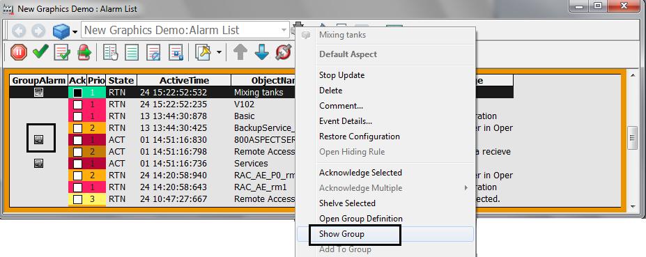 Section 6 Alarms and Events Alarm Grouping Viewing Alarm Conditions in an Alarm Group The user can open an Alarm Group from the Alarm List, to view the alarms included in this group.