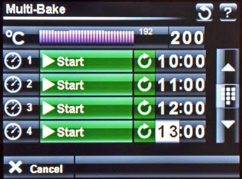 MULTI-BAKE SETUP SCREEN SHOWING FOUR TIMERS SET TOUCH THE START BUTTON WHEN