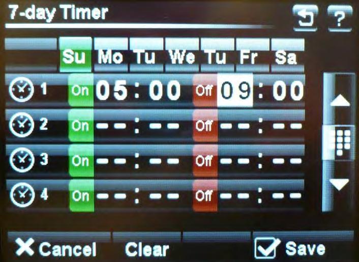 on/off times can be set for each day. Touch clear to clear the settings on the day shown.