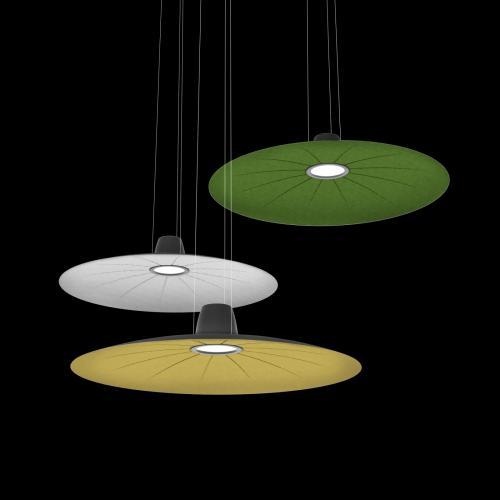 PAGE 3 OF 6 code: 21001/DIM/GR DESIGN 2017 HANGING LAMP WITH AN ACOUSTIC COMFORT THROUGH AN ALUMINIUM REFLECTOR COVERED WITH A SPECIAL SOUNDPROOF MATERIAL AND A FABRIC.
