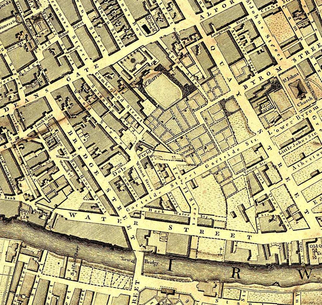 Hardman Boulevard, Spinningfields, Manchester: Archaeological Investigation 6 Plate 3: Extract from Laurent s map of 1793, marking the approximate boundary of the study area 1.3.3 Swire s map of 1824 shows the study area to have been largely developed.