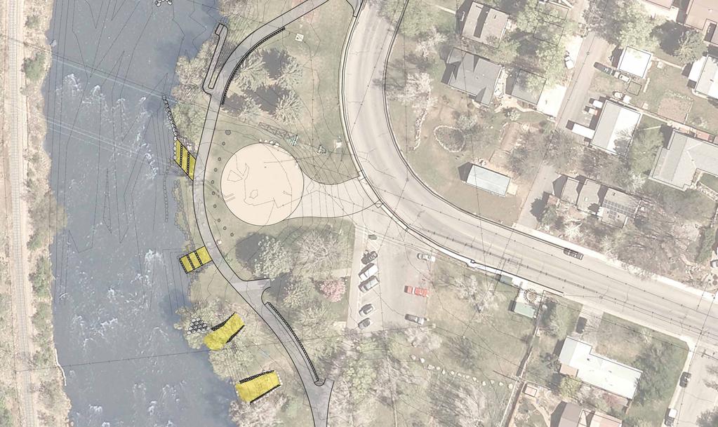 NEW ADA FISHING PIER MEMORIAL PARK EAST 3RD AVENUE EXISTING SPRUCE TREES OPPORTUNITIES AT 29TH STREET Potential for a new restroom and changing facility.