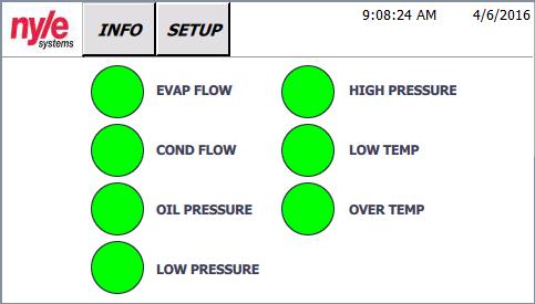 CONTROL SCREENS ALARM SCREEN LOW TEMP : GREEN indicates that the water temperature leaving the evaporator is above the shutoff value.